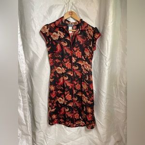 y2k Sheer Black Red Floral Paisley Print Asian Inspired Button Down Midi Dress